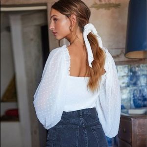 White long sleeve Swiss dot lettuce trim milkmaid blouse